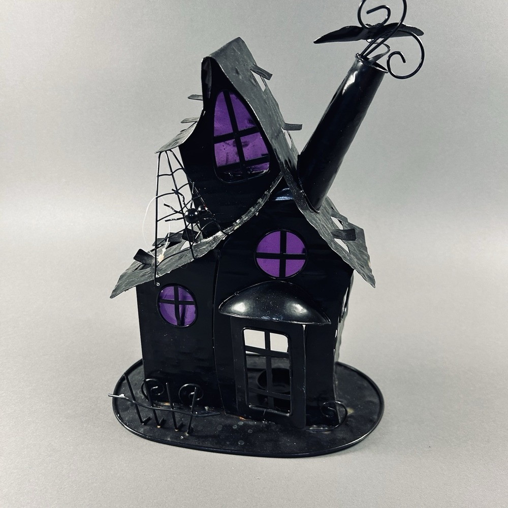 Halloween Haunted House Metal Tealight Candle Holder Purple Windows 13" Spooky